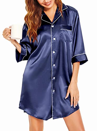 Vlazom Satin Nachthemd Damen mit Umlegekragen, Knöpfen, 3/4 Ärmel und Brusttasche (XXL, Stil A-Dunkelblau) Vlazom Satin Nachthemd Damen mit Umlegekragen, Knöpfen, 3/4 Ärmel und Brusttasche (XXL, Stil A-Dunkelblau) von Vlazom