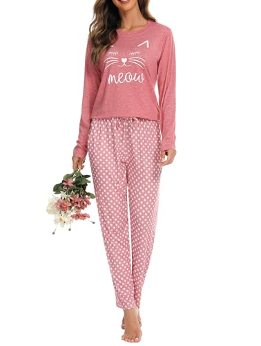 Vlazom Schlafanzug Baumwolle Langarm Bedrucktes Winter Zweiteiliger Pyjama Warm Set für Damen Zuhauseanzug Sleepwear（M，Rosa） von Vlazom