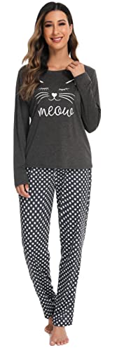 Vlazom Schlafanzug Baumwolle Langarm Bedrucktes Winter Zweiteiliger Pyjama Warm Set für Damen Zuhauseanzug Sleepwear（S，Grau） von Vlazom