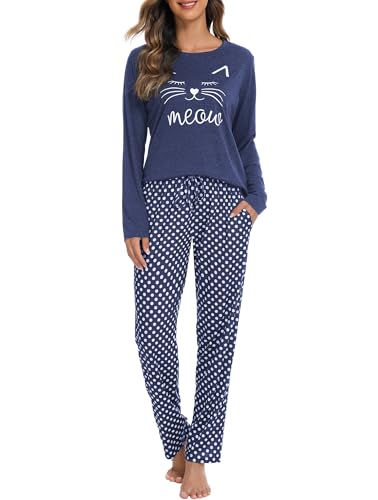 Vlazom Schlafanzug Baumwolle Langarm Bedrucktes Winter Zweiteiliger Pyjama Warm Set für Damen Zuhauseanzug Sleepwear（XL，Marineblau） von Vlazom