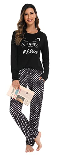 Vlazom Schlafanzug Baumwolle Langarm Bedrucktes Winter Zweiteiliger Pyjama Warm Set für Damen Zuhauseanzug Sleepwear（XL，Schwarz） von Vlazom