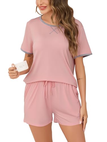 Vlazom Schlafanzug Damen Kurz Modal Pyjamas Set Kurzarm Rundhals Zweiteiliger Nachtwäsche Loungewear Sommer（L，Rosa） von Vlazom