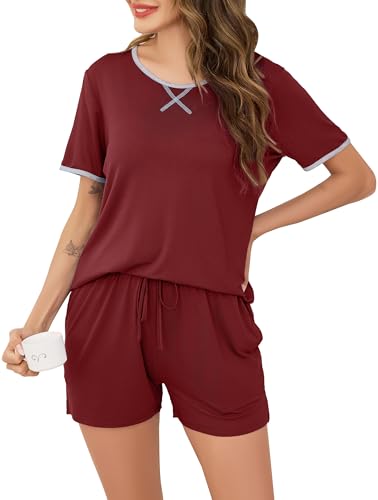 Vlazom Schlafanzug Damen Kurz Modal Pyjamas Set Kurzarm Rundhals Zweiteiliger Nachtwäsche Loungewear Sommer（M，WeinRot） von Vlazom