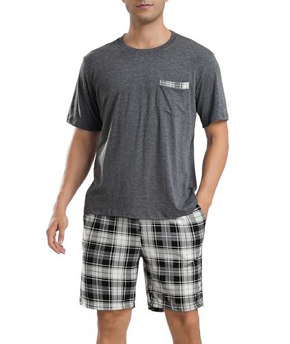 Vlazom Schlafanzug Herren Kurz Sommer Weich Nachtwäsche Set mit Rundhals Oberteile und Kurze Hosen Hausanzug（M，Dunkelgrau） von Vlazom