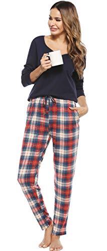 Vlazom Schlafanzug Lang Zweiteiliger Damen Schlafanzug Damen Winter Pyjama mit Karierter Hose Langarm Pyjama Set(M,Stil 2-Blau) von Vlazom