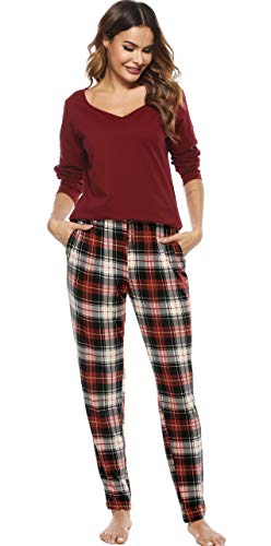 Vlazom Schlafanzug Lang Zweiteiliger Damen Schlafanzug Damen Winter Pyjama mit Karierter Hose Langarm Pyjama Set(M,Stil 2-Weinrot) von Vlazom