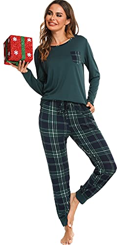 Vlazom Schlafanzug Lang Zweiteiliger Damen Schlafanzug Rundausschnitt Damen Pyjama Set mit Karierter Hose Langarm Pyjama Set(S,Stil 3-Grün) von Vlazom
