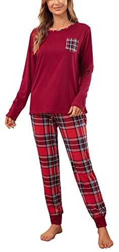 Vlazom Schlafanzug Lang Zweiteiliger Damen Schlafanzug Rundausschnitt Damen Pyjama Set mit Karierter Hose Langarm Pyjama Set(S,Stil 3-Rot von Vlazom