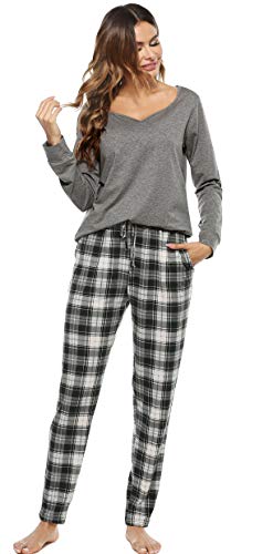 Vlazom Schlafanzug Lang Zweiteiliger Damen Schlafanzug Damen Winter Pyjama mit Karierter Hose Langarm Pyjama Set(XL,Stil 2-Schwarz) von Vlazom