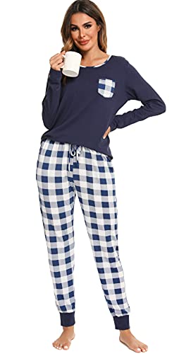 Vlazom Schlafanzug Lang Zweiteiliger Damen Schlafanzug Rundausschnitt Damen Pyjama Set mit Karierter Hose Langarm Pyjama Set(XXL,Stil 3-Marineblau von Vlazom