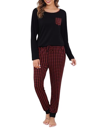 Vlazom Schlafanzug Lang Zweiteiliger Damen Schlafanzug Rundausschnitt Damen Pyjama Set mit Karierter Hose Langarm Pyjama Set（L，Stil 3-Schwarz + Schwarz Rot Karierte Hose） von Vlazom