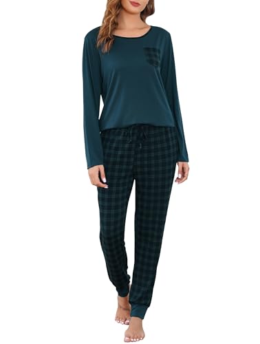 Vlazom Schlafanzug Lang Zweiteiliger Damen Schlafanzug Rundausschnitt Damen Pyjama Set mit Karierter Hose Langarm Pyjama Set（M，Stil 3-Dunkelgrüne + Navygrüne Karierte Hose） von Vlazom