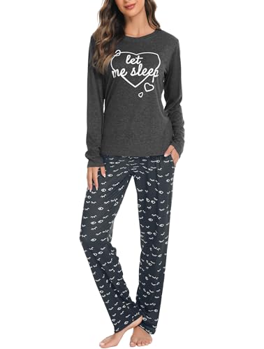 Vlazom Schlafanzug Langarm Winter Zweiteiliger Pyjama Baumwolle Warm Set für Damen Zuhauseanzug Sleepwear(XXL,Dunkelgrau) von Vlazom