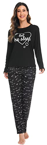 Vlazom Schlafanzug Langarm Winter Zweiteiliger Pyjama Baumwolle Warm Set für Damen Zuhauseanzug Sleepwear(XXL,Schwarz) von Vlazom