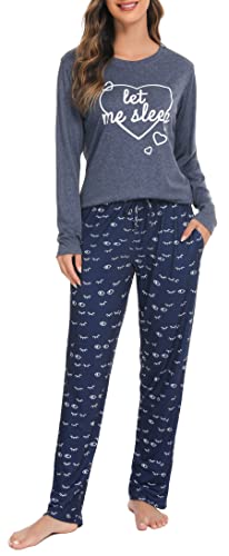 Vlazom Schlafanzug Langarm Winter Zweiteiliger Pyjama warm Set für Damen Zuhauseanzug Sleepwear(L, Stil D-Marineblau) von Vlazom