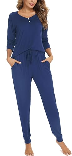Vlazom Schlafanzug Langarm Winter Zweiteiliger Pyjama warm Set für Damen Zuhauseanzug Sleepwear（L，Blau） von Vlazom