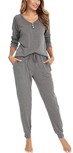 Vlazom Schlafanzug Langarm Winter Zweiteiliger Pyjama warm Set für Damen Zuhauseanzug Sleepwear(S,Grau) von Vlazom