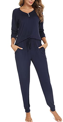 Vlazom Schlafanzug Langarm Winter Zweiteiliger Pyjama warm Set für Damen Zuhauseanzug Sleepwear(S,Stil A-Marineblau) von Vlazom