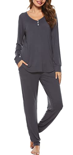 Vlazom Schlafanzug Langarm Winter Zweiteiliger Pyjama warm Set für Damen Zuhauseanzug Sleepwear(XL,Dunkelgrau) von Vlazom