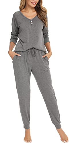 Vlazom Schlafanzug Langarm Winter Zweiteiliger Pyjama warm Set für Damen Zuhauseanzug Sleepwear(XXL,Stil A-grau) von Vlazom