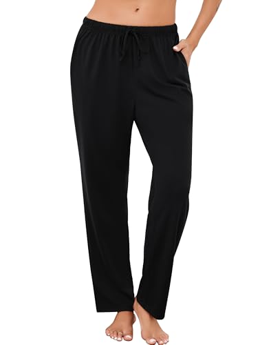 Vlazom Schlafanzughose Damen Lang Baumwolle Weich Pyjamahose Yogahose Loungehose Freizeithose für Alle Jahreszeiten Geeignet（XL，Schwarz） von Vlazom
