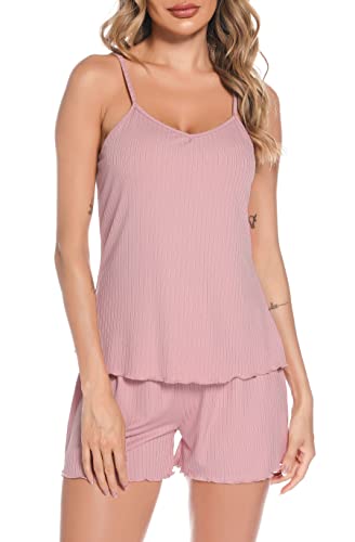 Vlazom Ärmellos Schlafanzug kurzes Pyjama Set mit Rippstreifen Sommer Hausanzug für Damen（L,Rosa） von Vlazom