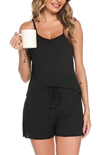 Vlazom Ärmellos Schlafanzug kurzes Pyjama Set mit Rippstreifen Sommer Hausanzug für Damen（L,Schwarz） von Vlazom