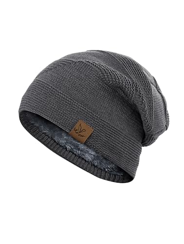Vlazom Unisex Strickmütze Wintermütze Dickes Warm Futter Herren Damen Wollmütze Dehnbarer Weicher Fleece Thermo，Dunkelgrau von Vlazom