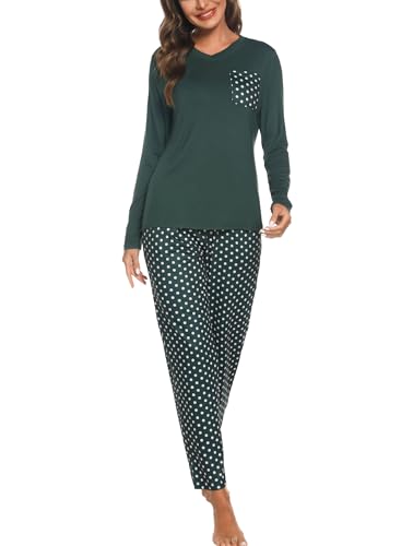 Vlazom Winter Schlafanzug Langarm Zweiteiliger Pyjama Set Damen Hausanzug Klassisches gepunktetes Pyjama Set(L,Dunkelgrün) von Vlazom