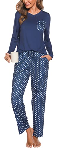 Vlazom Winter Schlafanzug Langarm Zweiteiliger Pyjama Set Damen Hausanzug Klassisches gepunktetes Pyjama Set(L,Marineblau) von Vlazom