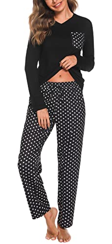 Vlazom Winter Schlafanzug Langarm Zweiteiliger Pyjama Set Damen Hausanzug Klassisches gepunktetes Pyjama Set(L,schwarz) von Vlazom