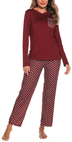 Vlazom Winter Schlafanzug Langarm Zweiteiliger Pyjama Set Damen Hausanzug Klassisches gepunktetes Pyjama Set(XXL,weinrot) von Vlazom