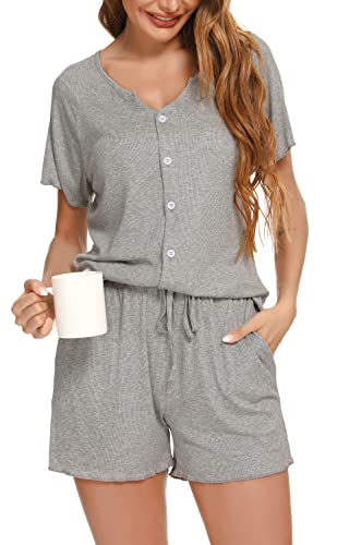 Vlazom Damen Schlafanzug Kurzarm Pyjama Set mit Knöpfe V-Ausschnitt Sleepwear Sommer Nachtwäsche(M,Stil B-Hellgrau) von Vlazom