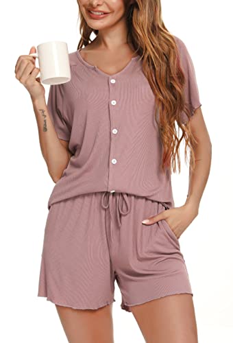 Vlazom Damen Schlafanzug Kurzarm Pyjama Set mit Knöpfe V-Ausschnitt Sleepwear Sommer Nachtwäsche(S,Stil B-Dunkelpink) von Vlazom