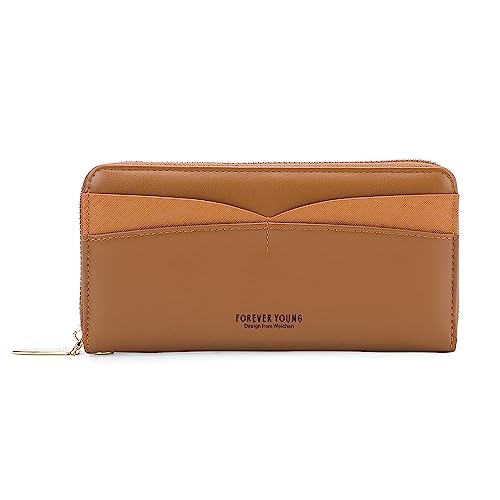 Vllcsla Brieftasche für Damen mit Vernünftiger Kapazität, Damen Leder Geldbörse Lange Clutch mit Abnehmbarem Handgelenk Marke und Mehreren Kartenfächern und Reißverschlusstasche (Braun) von Vllcsla