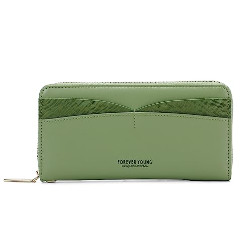 Vllcsla Brieftasche für Damen mit Vernünftiger Kapazität, Damen Leder Geldbörse Lange Clutch mit Abnehmbarem Handgelenk Marke und Mehreren Kartenfächern und Reißverschlusstasche (Grün) von Vllcsla