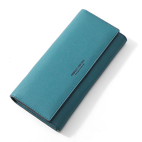 Vllcsla Brieftasche für Frauen Kartenhalter Bifold Lange Geldbörse für Damen mit 4 Kartenfächern und Reißverschlussfach für Münzen, Damen stilvolle und geräumige PU Leder Brieftasche (Blau) von Vllcsla