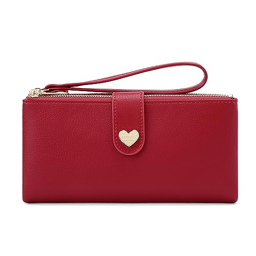 Vllcsla Damen Bifold Leder Portemonnaie mit 2 Fotofenstern und Reißverschluss Münzfach - Damen Lange schlanke Geldbörse mit abnehmbarem Armband und 8 Kartenfächern (Rot) von Vllcsla