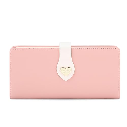 Vllcsla Damen Brieftasche Dreifach Gefaltete Leder Lange Geldbörse mit Unabhängiger Reißverschluss-Handytasche und Mehreren Kartenfächern und Fotofenster, Damen Clutch Halter Etui (Rosa) von Vllcsla