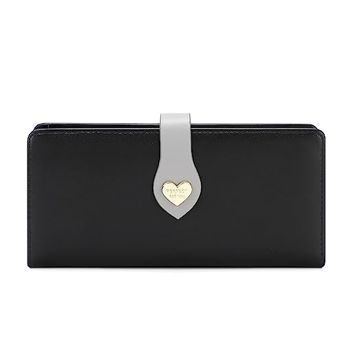 Vllcsla Damen Brieftasche Dreifach Gefaltete Leder Lange Geldbörse mit Unabhängiger Reißverschluss-Handytasche und Mehreren Kartenfächern und Fotofenster, Damen Clutch Halter Etui (Schwarz) von Vllcsla