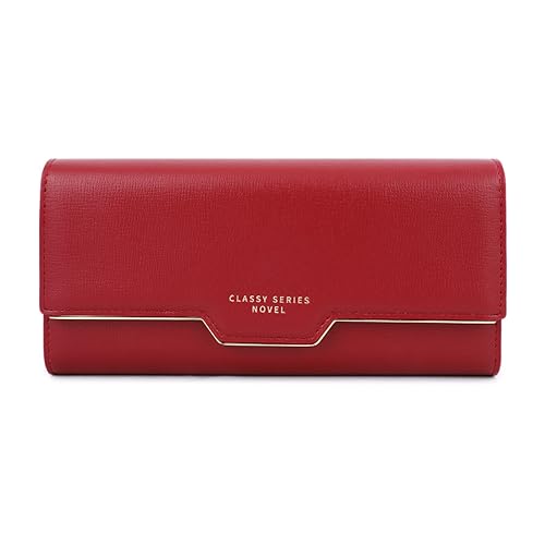 Vllcsla Damen Brieftasche Geldbörsen PU Leder Lange Brieftasche Damen Kreditkartenhalter Damen Geldbörse Clutch Holder Etui mit 8 Kartenfächern und ID-Fenster (Rot) von Vllcsla