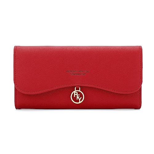 Vllcsla Damen Geldbörse Portemonnaie Damen Medium Bifold Leder Geldbörsen/Portemonnaies mit 10 Kartenfächern und 1 Fotofenster und 1 Reißverschlussfach für Münze und Schlüssel (Rot) von Vllcsla