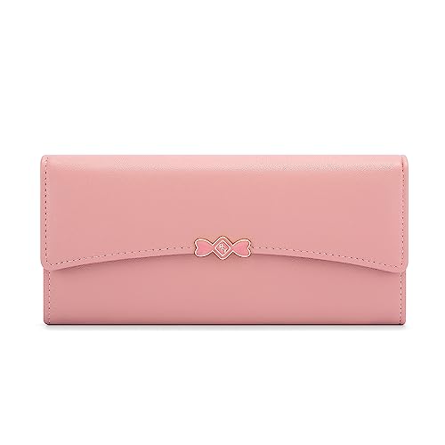 Vllcsla Damen Geldbörsen Leder Große Geldbörse mit Reißverschluss, Damen Geldbörse mit Handyhalter, 10 Kartenfächer, 2 Banknotenfächer - Damen Medium Bifold Leder Geldbörsen (Rosa) von Vllcsla