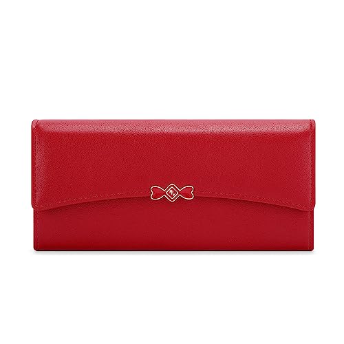 Vllcsla Damen Geldbörsen Leder Große Geldbörse mit Reißverschluss, Damen Geldbörse mit Handyhalter, 10 Kartenfächer, 2 Banknotenfächer - Damen Medium Bifold Leder Geldbörsen (Rot) von Vllcsla