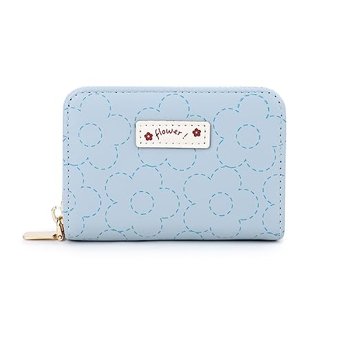 Vllcsla Damen Kleine Kartenhalter für 9 Kartenfächer, Damen Kleine Münztasche Reißverschluss für Mädchen Geschenk, Mädchen Niedliche Geldbörse mit Blumenmuster (Blau) von Vllcsla