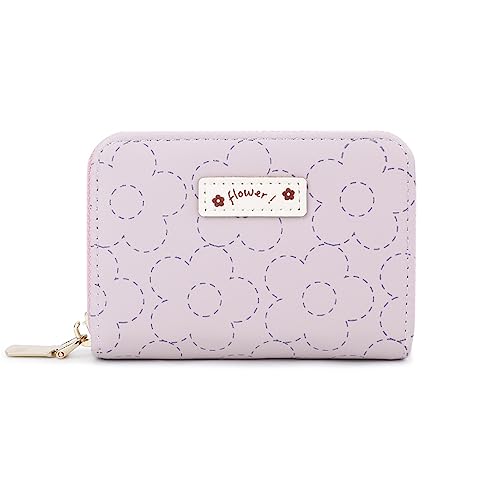 Vllcsla Damen Kleine Kartenhalter für 9 Kartenfächer, Damen Kleine Münztasche Reißverschluss für Mädchen Geschenk, Mädchen Niedliche Geldbörse mit Blumenmuster (Lila) von Vllcsla