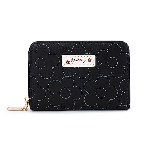 Vllcsla Damen Kleine Kartenhalter für 9 Kartenfächer, Damen Kleine Münztasche Reißverschluss für Mädchen Geschenk, Mädchen Niedliche Geldbörse mit Blumenmuster (Schwarz) von Vllcsla