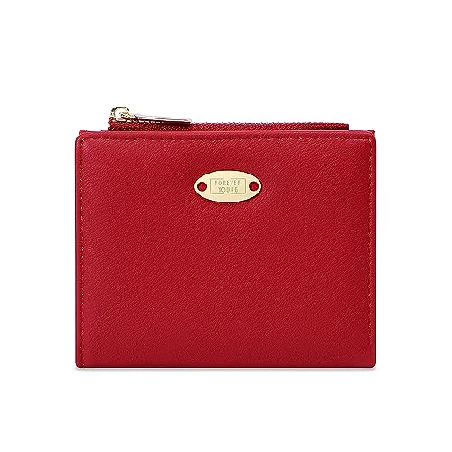 Vllcsla Damen Kleines Portemonnaie mit Fotofenster und Reißverschluss-Münzfach - Damen Bifold Compact Leder Geldbörse Kartenhalter, Mini Geldbörse für Damen für Karten (Rot) von Vllcsla