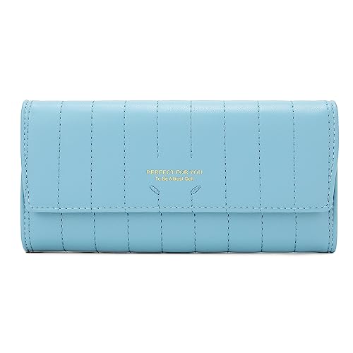 Vllcsla Damen Leder Brieftasche Trifold Geldbörse mit großem Fassungsvermögen, Damen Geldbörsen Leder mit Verschluss mit 10 Kartenfächern, Fotofenster, Telefonhalter und Geldscheinfach (Blau) von Vllcsla