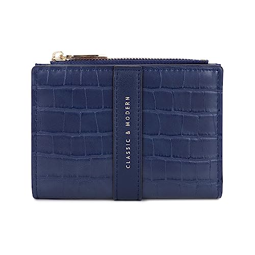 Vllcsla Damen Portemonnaie Kurz Kleine Größe mit Fotofenster, Mini Portemonnaie für Damen für Karten mit Reißverschlusstasche, Damen Kleine Bifold Leder Geldbörsen/Brieftaschen (Blau) von Vllcsla